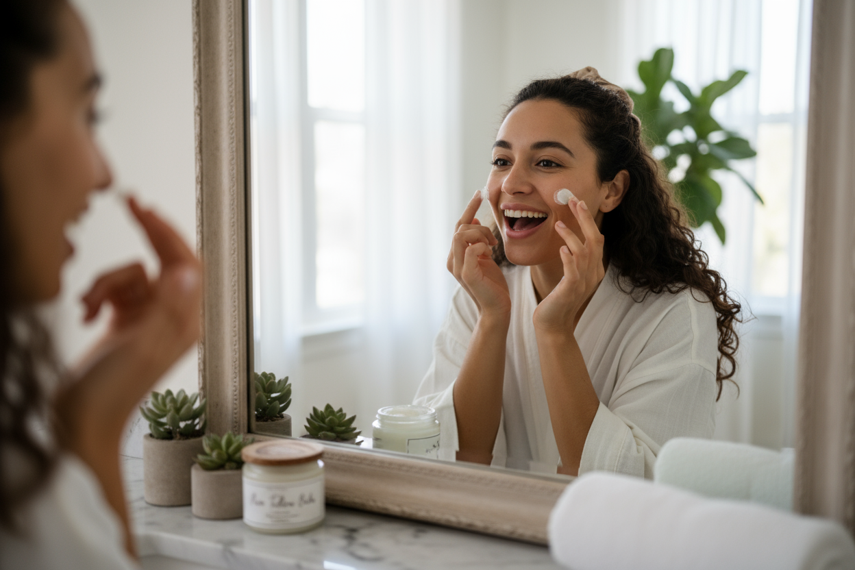 beautiful lightly colored black woman Woman putting tallow on her face looking in the mirror smiling 