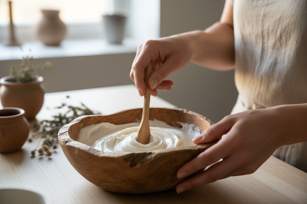 Create an image to describe this HANDCRAFTED: At Audhumla, we craft skincare you can trust — blending ancient Norse wisdom with modern science.Showing a woman's hands mixing tallow