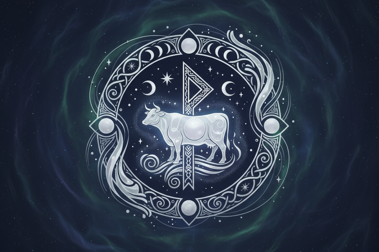 depict the rune Audhumla — The Nourisher pulling from beautiful imagery that can showcase a mythical viking feminine energy that fits with our brand and product.