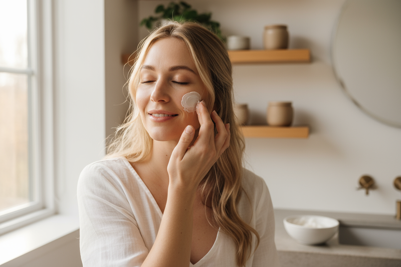 generate a high quality photo of a beautiful blonde nordic looking woman applying our white tallow to her face.  Lifestyle photoshoot style. 
