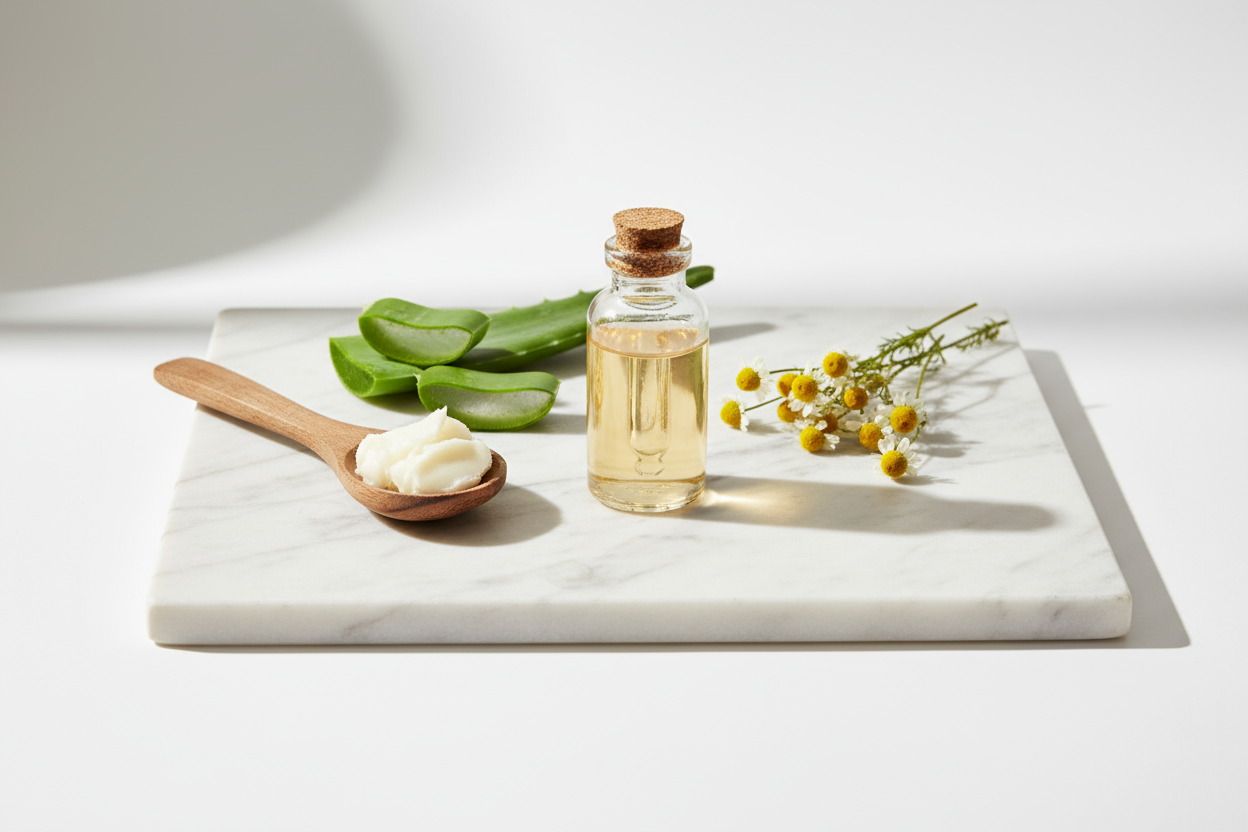 lets create a simple but effective image for: Minimal ingredient lists reduce the chance of irritation. Our formulas focus on what works, no fillers, no synthetics, just what your skin actually needs. There should be no text just a good visual for our website visitors to see.