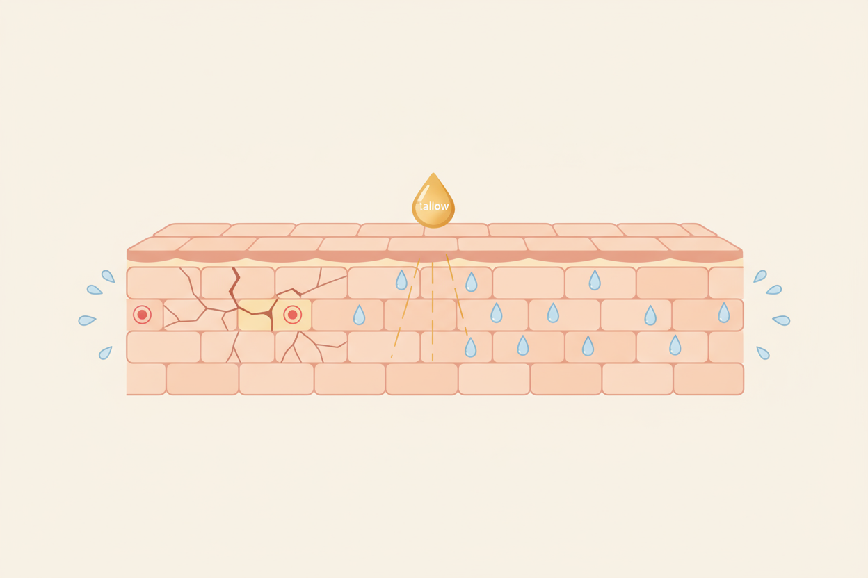 Lets create a very simple but effective image to explain: Your skin barrier is the outermost layer of your skin, the lipid layer that keeps moisture in and irritants out. When it’s damaged, skin becomes dry, red, and inflamed. Tallow is uniquely suited to replenish those lipids, helping your skin heal naturally.  Please use very little to no text at all