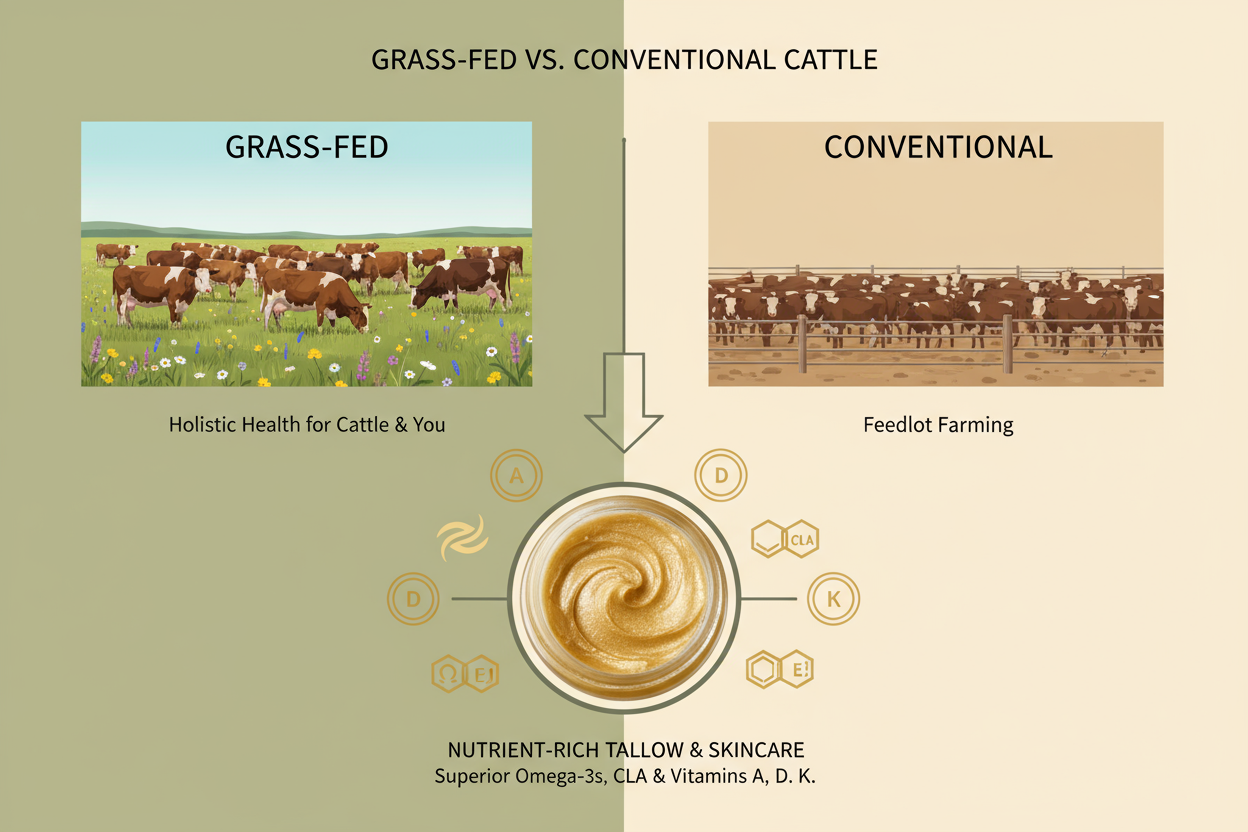 Need a image that fits into this box to tell Why Grass-Fed & Finished is Different: Grass-finished cattle produce fat higher in omega-3 fatty acids, CLA, and fat-soluble vitamins. his means a richer, more healing final product for your skin.