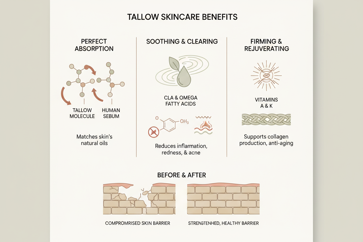 please create an image that fits in this table space that visualizes this info: Tallow’s molecular structure mirrors human sebum → perfect absorption.Rich in CLA & Omega fatty acids → reduces redness and acne.Vitamin A & K → natural collagen support. Add simple diagram or animation if possible (“skin barrier before / after”).