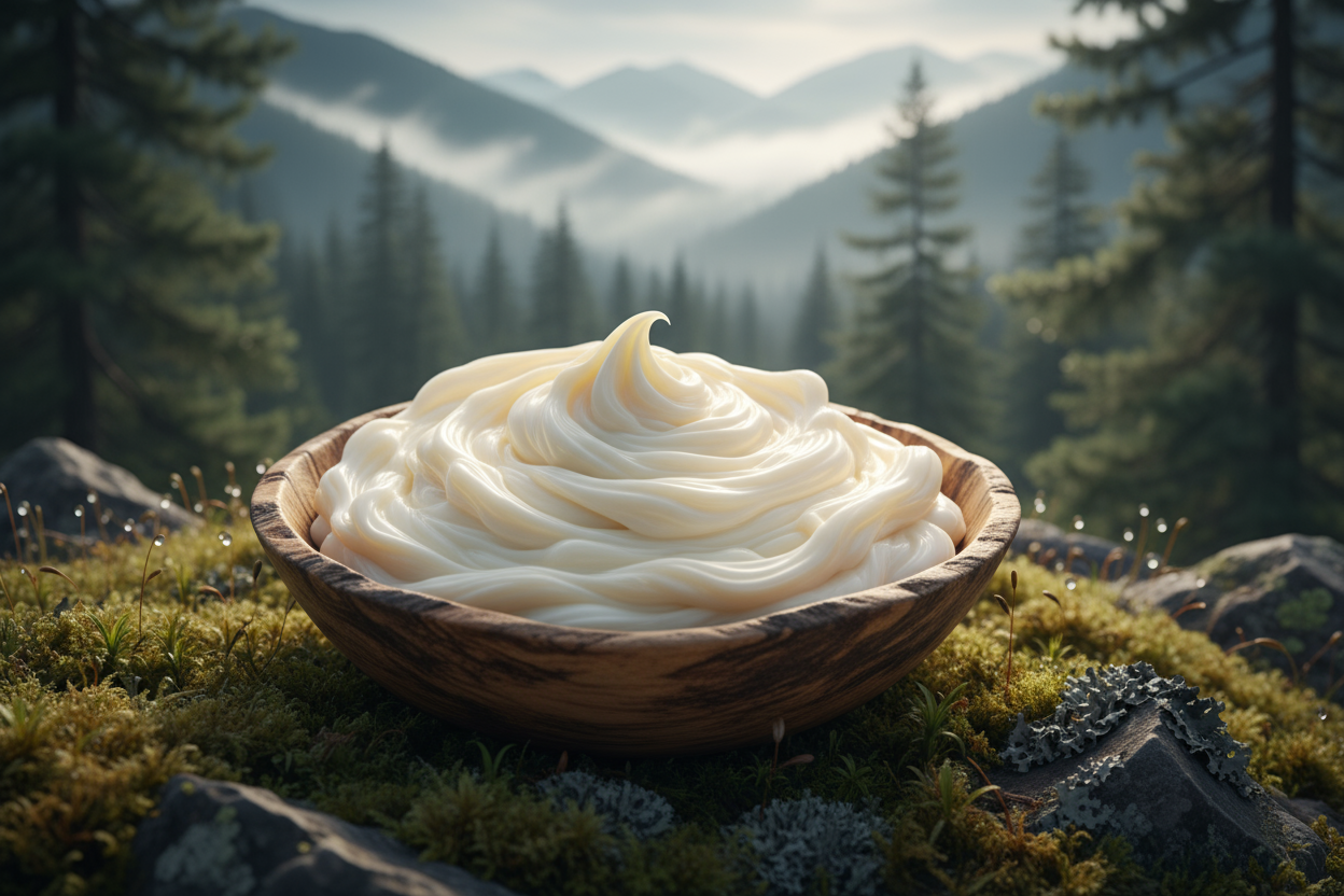 shot of gorgeous whipped tallow in a bowl and out in nordic nature background.  Showing a close up of the tallow.