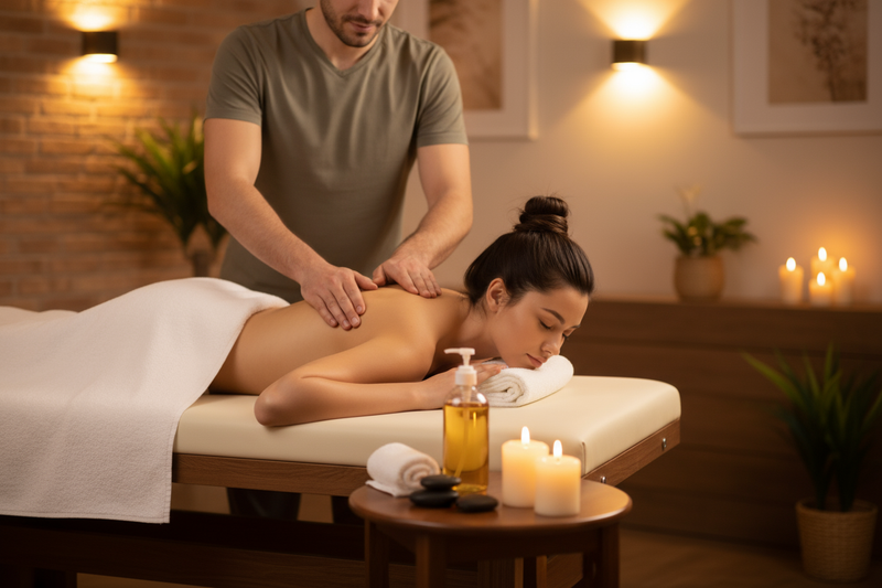 Show a man giving a woman a massage with our oil massage product indoors.  She is covered by a towel but it can be a little intimate