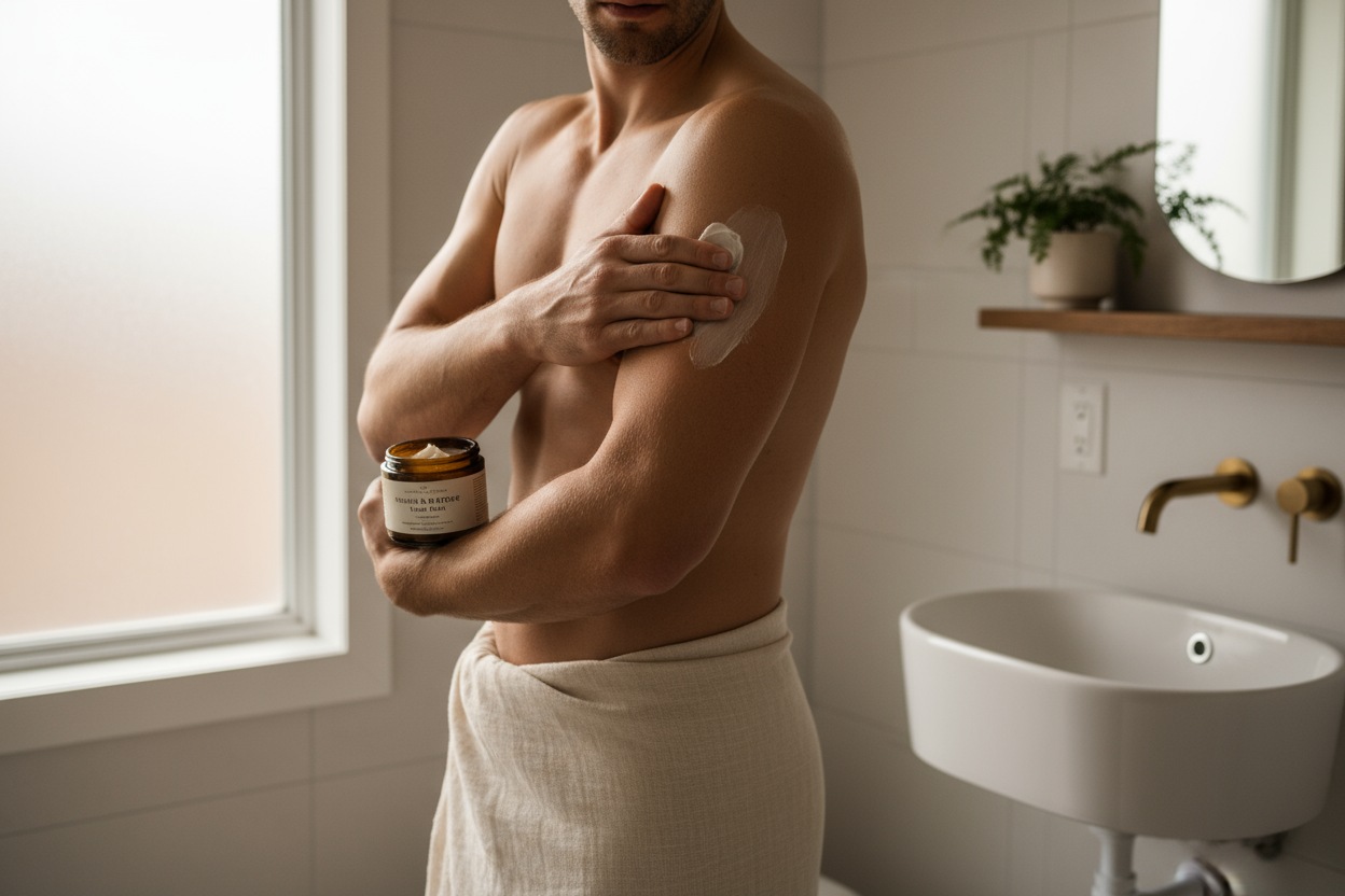 Show a man, not showing his face in his bathroom, applying our tallow to his skin