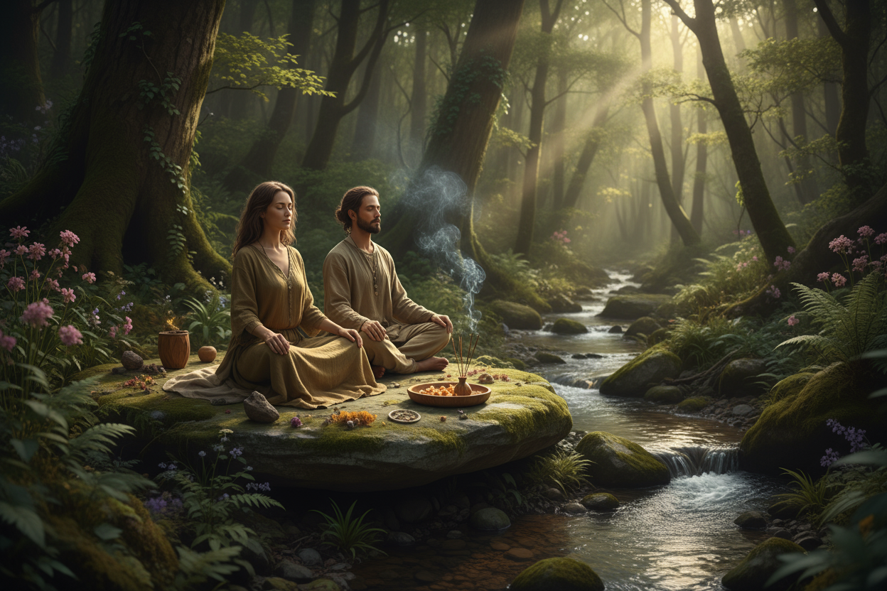 Showing Ritual with a woman and man meditating in nature