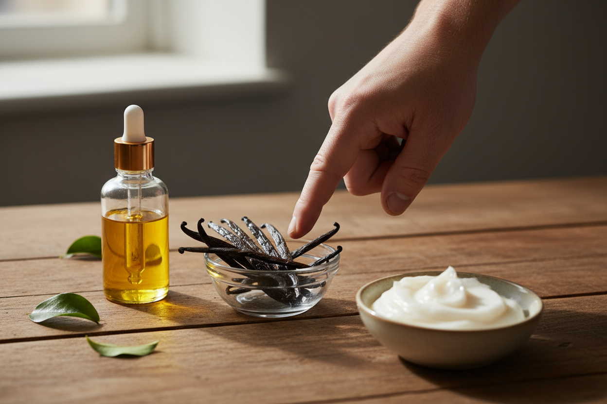 this is great but make it look more photo-realistic and the ingredients should be: Vanilla, Jojoba oil and Tallow